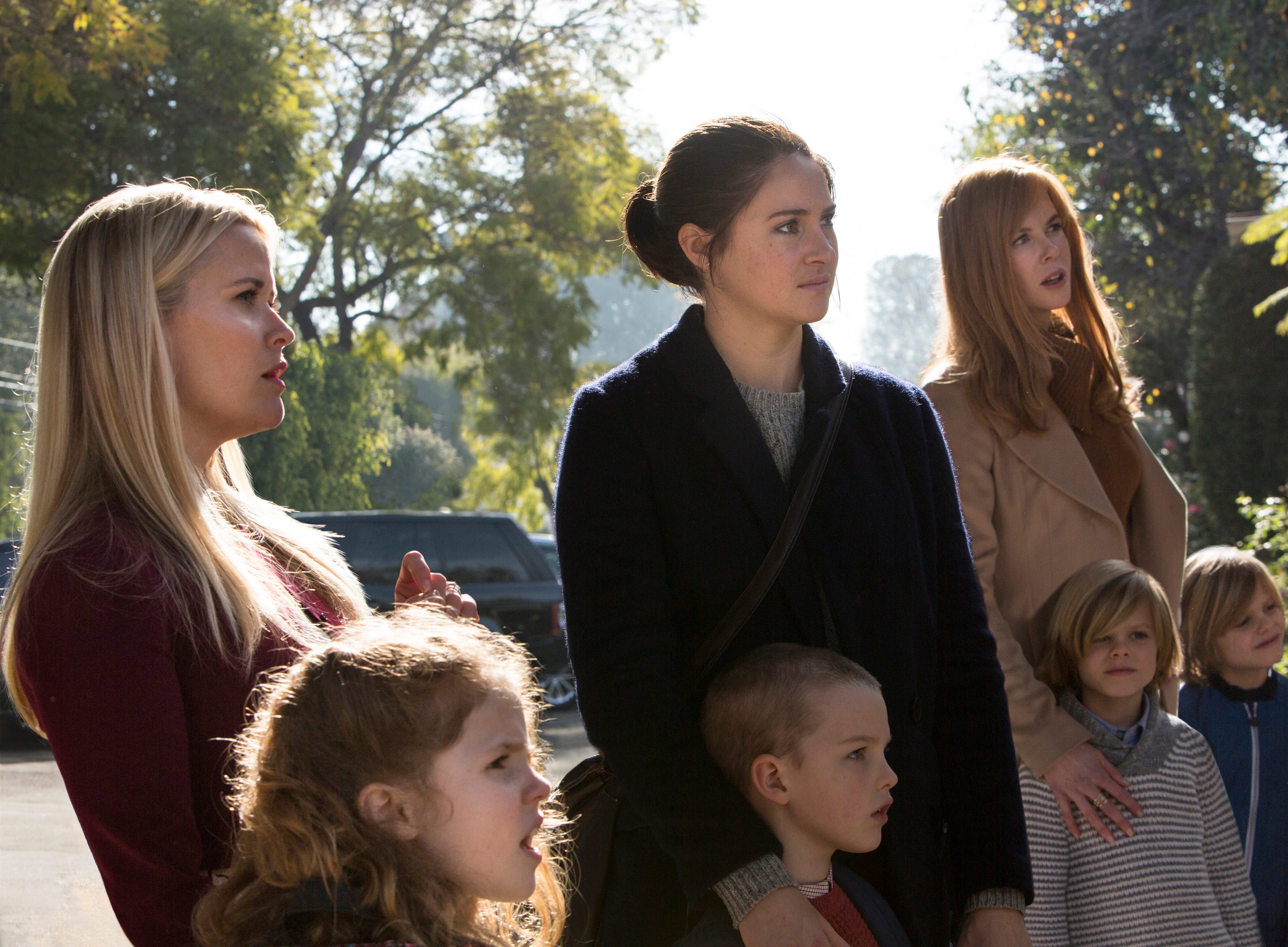 Reese Witherspoon, Shailene Woodley and Nicole Kidman with children in Big Little Lies season one.