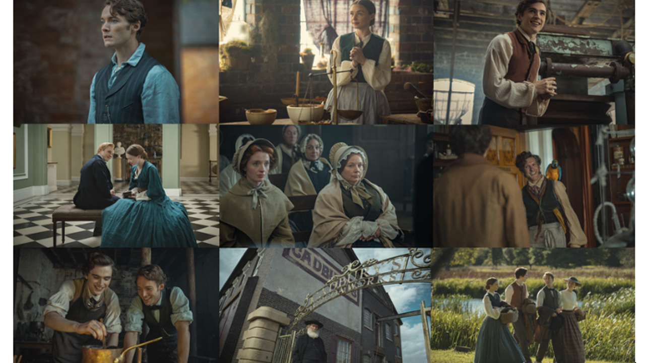 Official first-look collage showing the cast and Victorian Birmingham settings of The Cadburys.