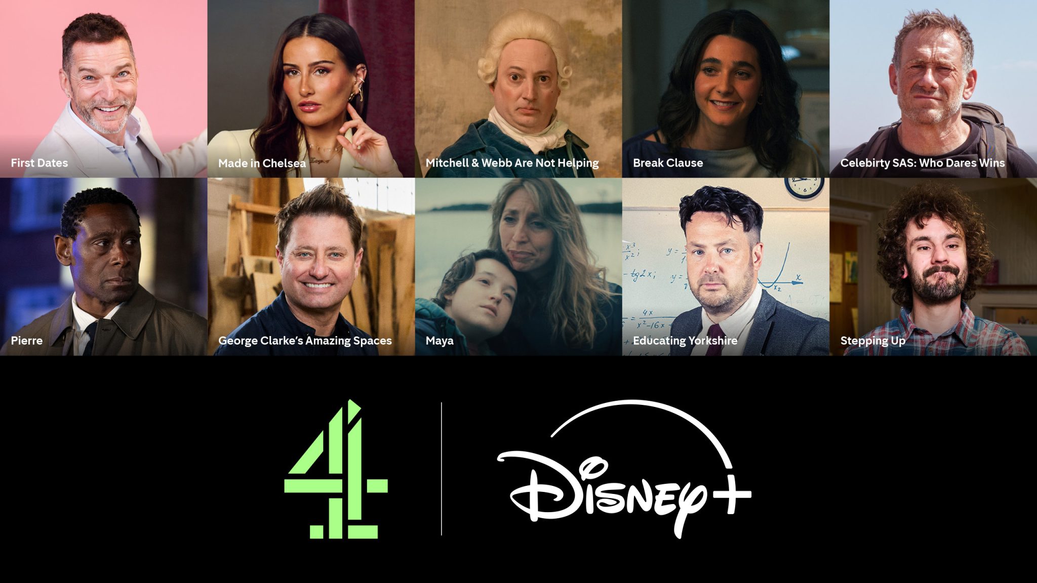 Channel 4’s supplied programme montage, including Maya, above Channel 4 and Disney+ branding.