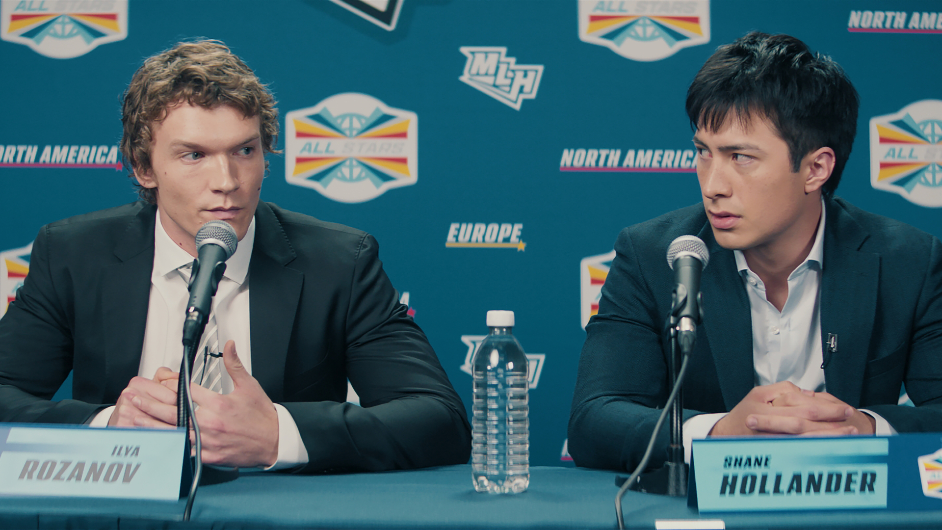 Connor Storrie, left, and Hudson Williams in Heated Rivalry.