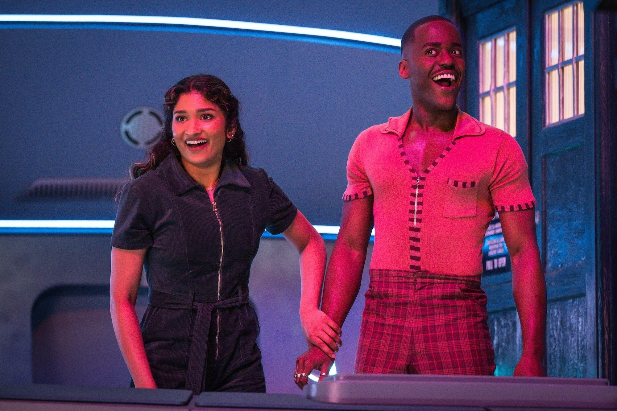 Varada Sethu as Belinda Chandra and Ncuti Gatwa as the Doctor in Doctor Who.