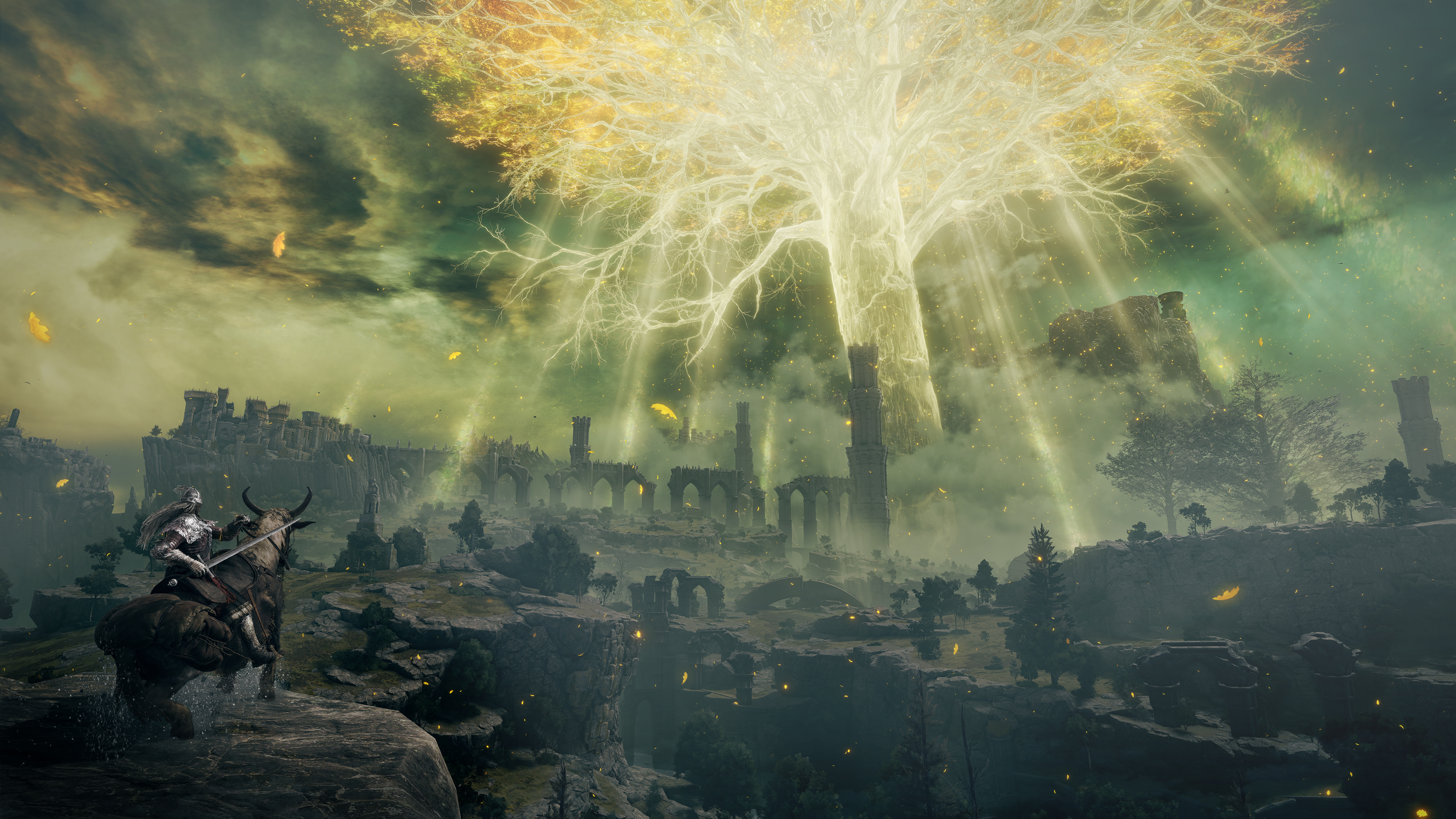 The world of Elden Ring, pictured in an official game screenshot. Golden Erdtree, castle and mounted rider; not a live-action film still.