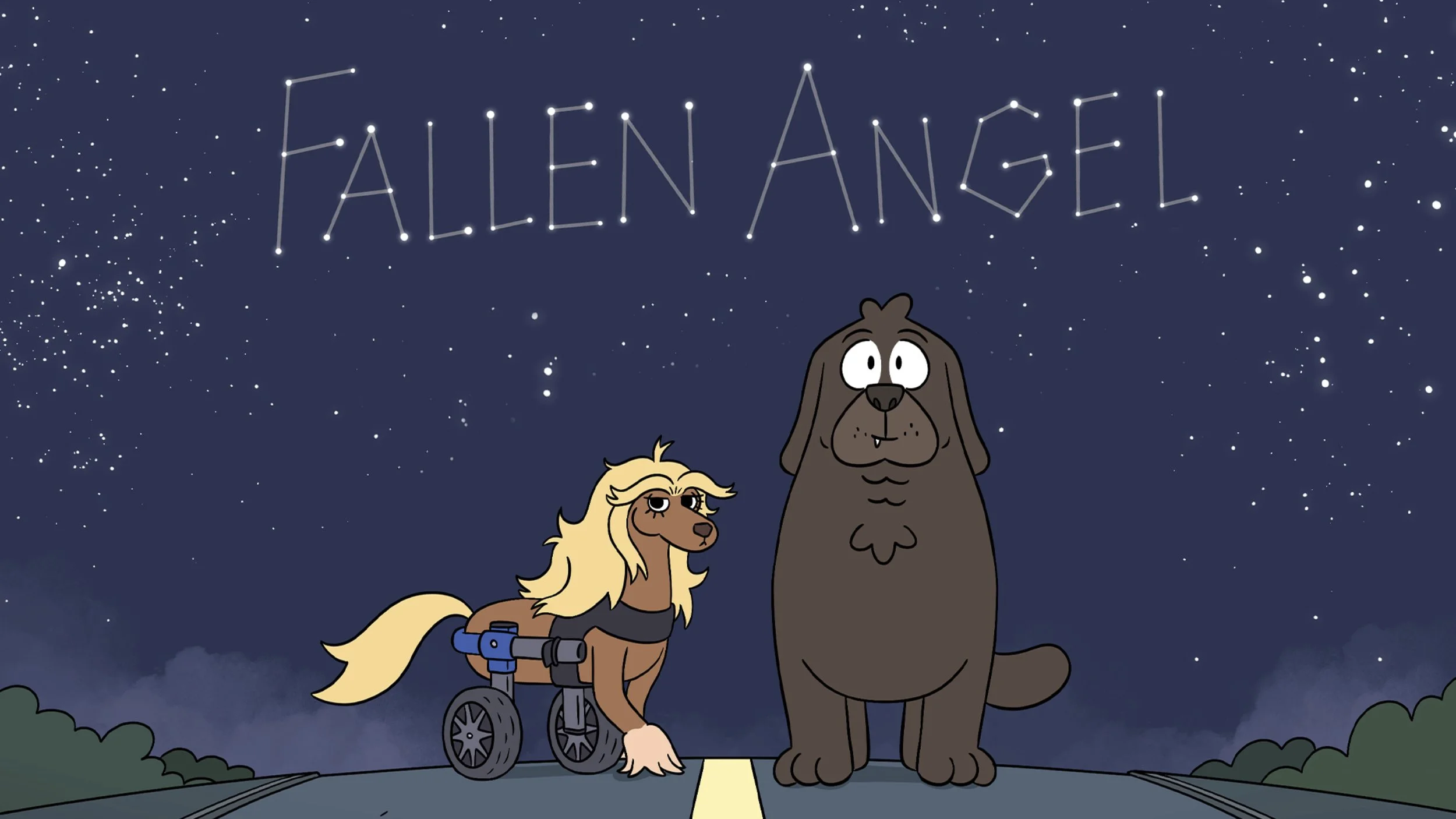 Angel, a small animated dog using a wheeled support, stands beside a larger dog under the Fallen Angel title.