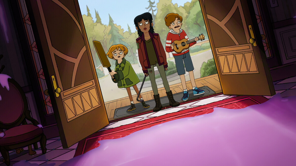 Three characters stand in the open hotel doorway looking at purple ooze in Haunted Hotel.