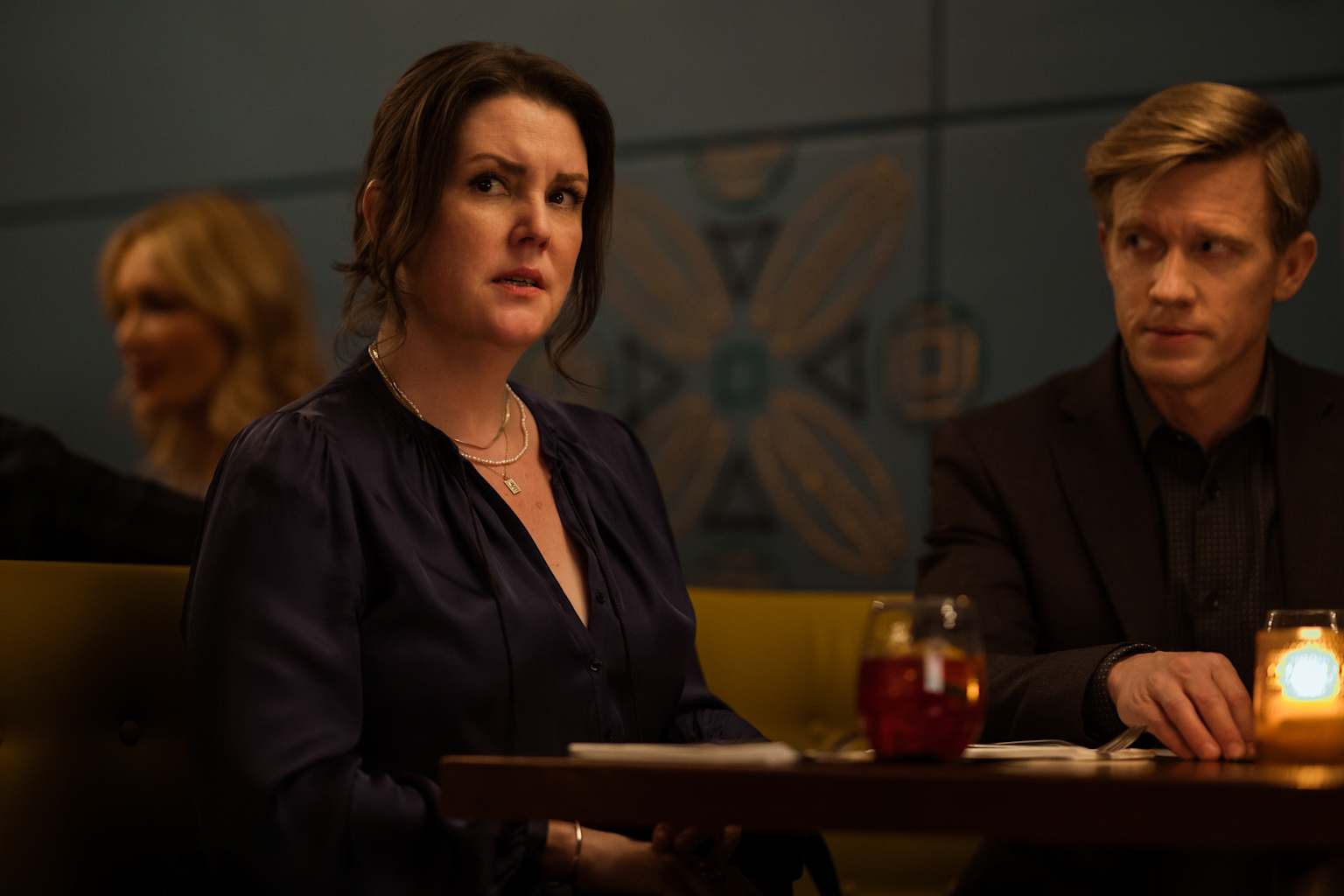 Melanie Lynskey in an archive Yellowjackets scene used in Mushroom Murders casting publicity.
