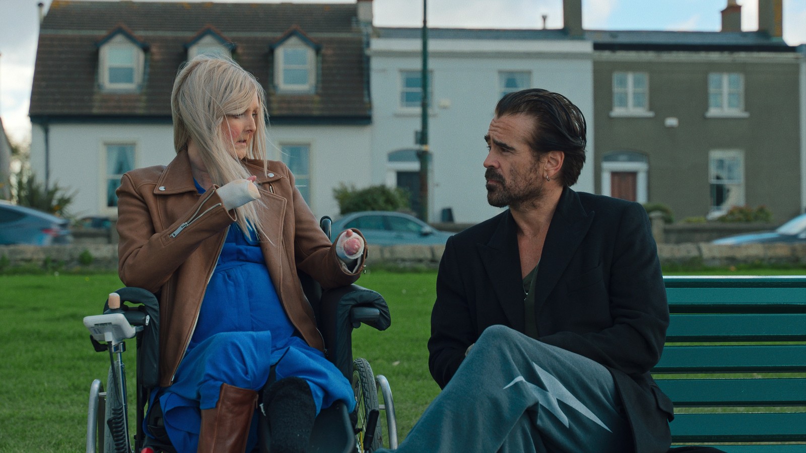 Emma Fogarty and Colin Farrell talk outdoors in HBO documentary The Slightest Touch.